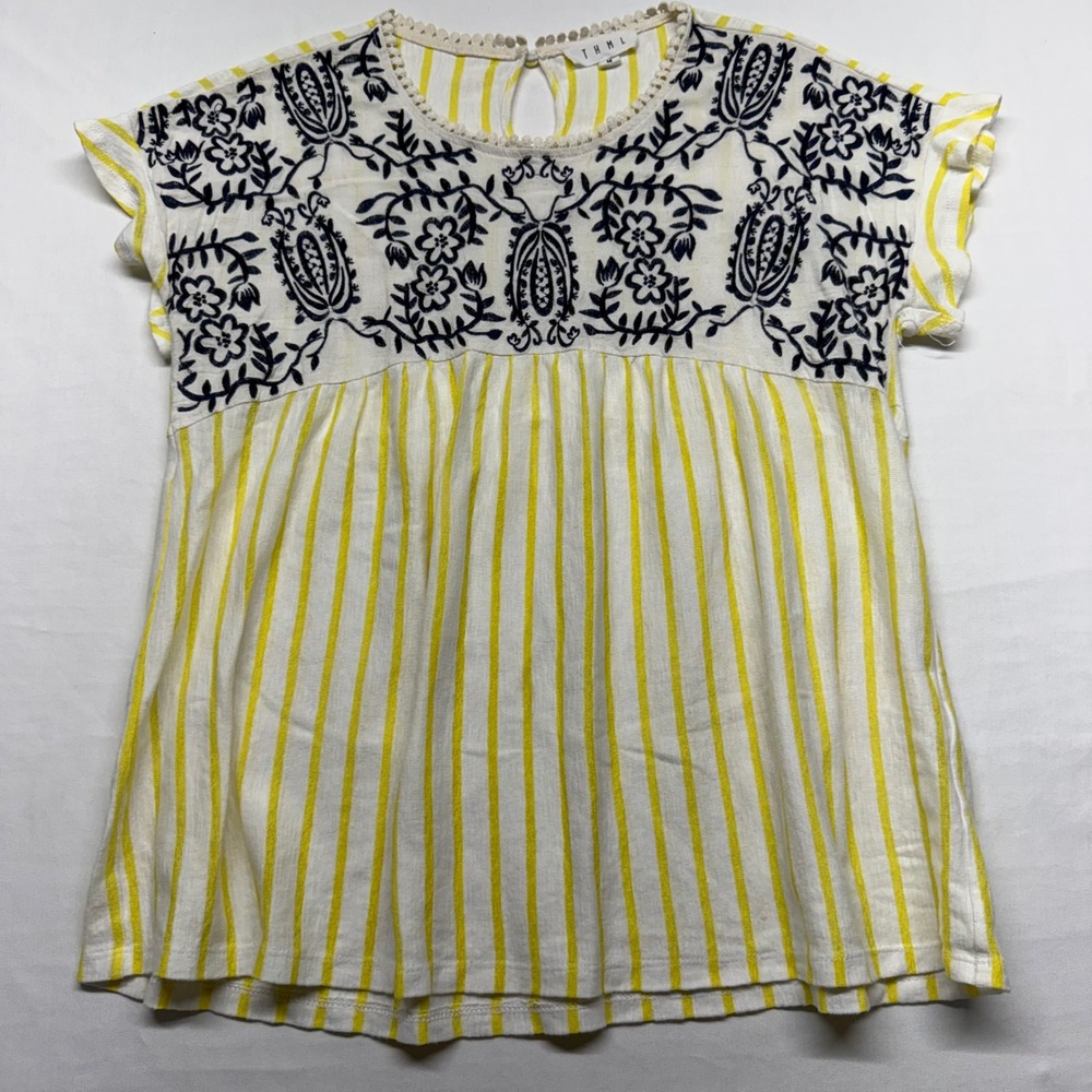 THML Boho Embroidered Top M Yellow Stripe Flutter Sleeve Coastal Resort Peasant